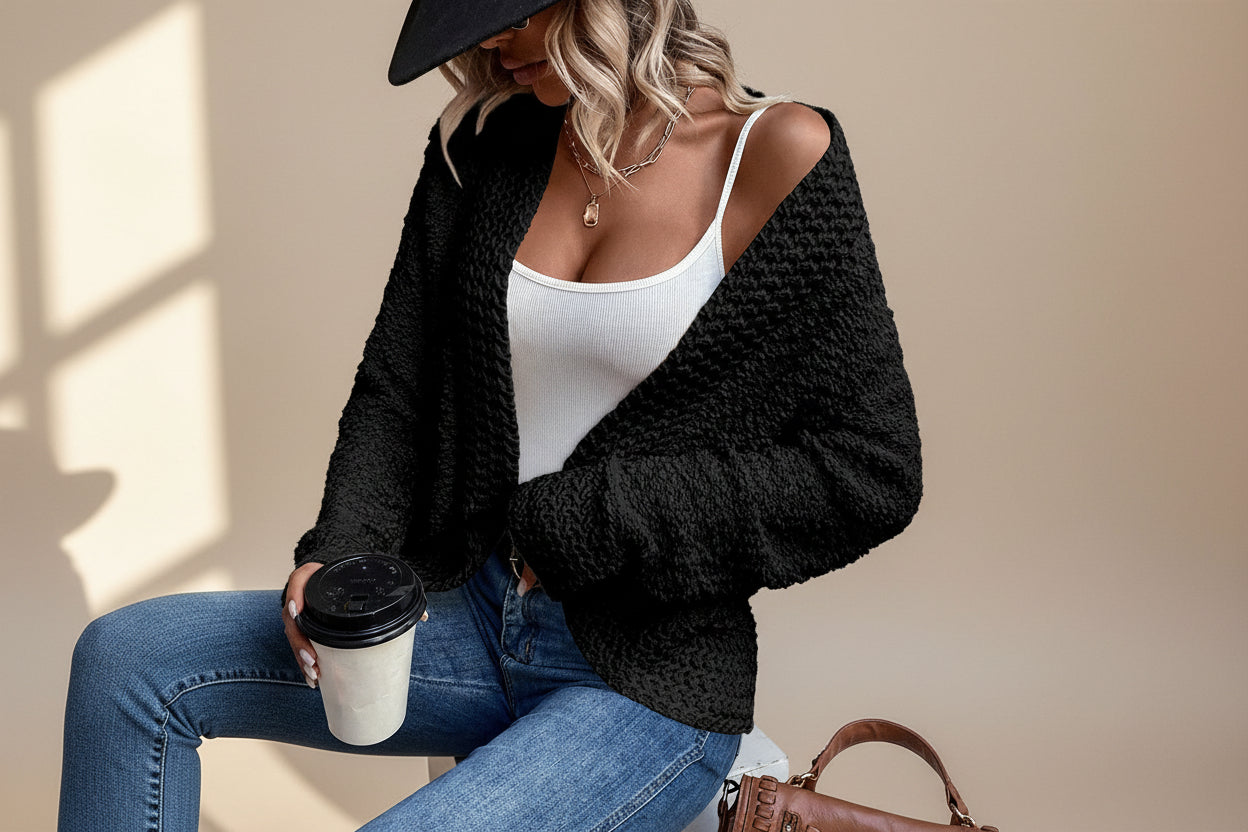 Red Popcorn Knit Open Front Cardigan — Detail View 6