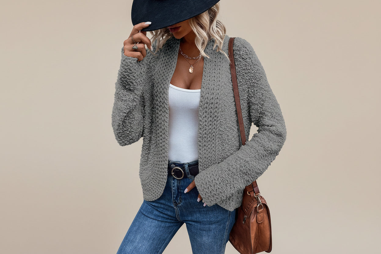 Red Popcorn Knit Open Front Cardigan — Detail View 2