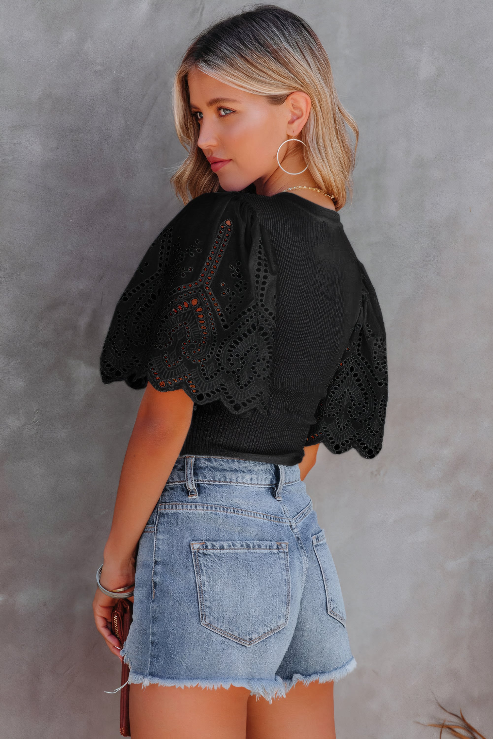ELNOVÉ Aurélie Scalloped Eyelet Sleeve Ribbed Knit Top