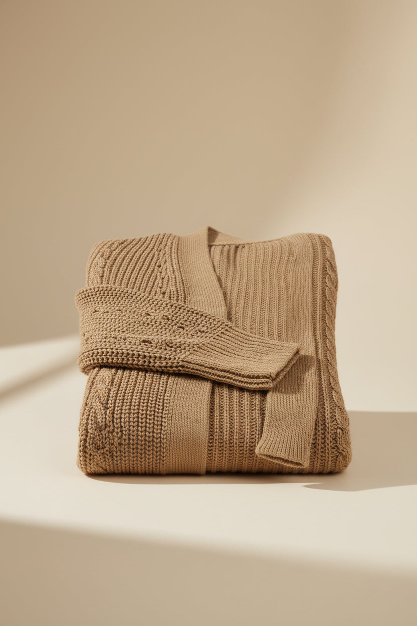 Apricot Cable Knit Drop Sleeve Cardigan — Detail View 8