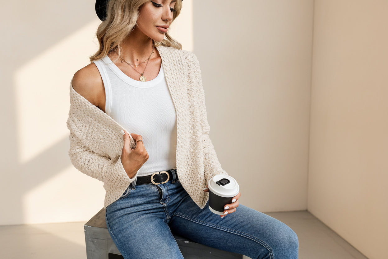 Red Popcorn Knit Open Front Cardigan — Detail View 16