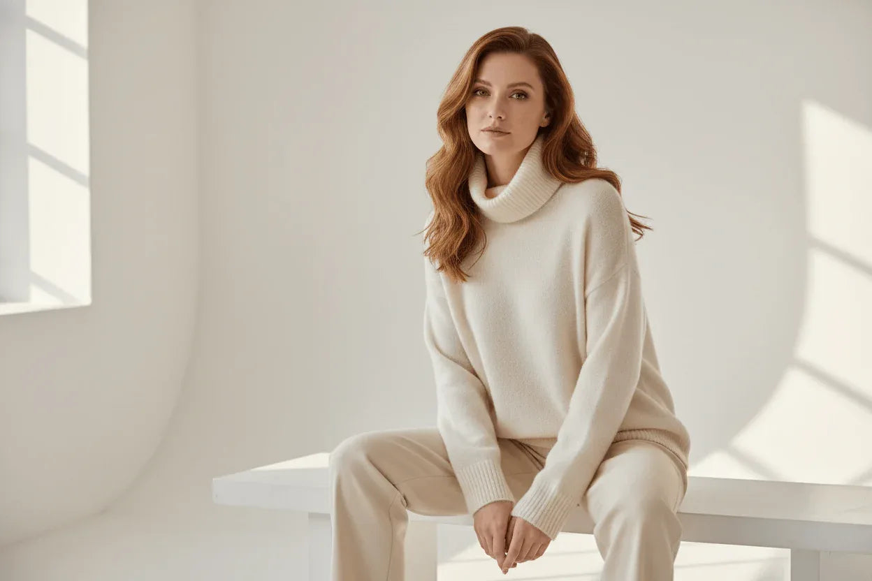 ELNOVÉ elegant woman in luxury cream cashmere knit sweater seated in minimal white studio warm soft natural lighting high end fashion editorial photography clean background no text