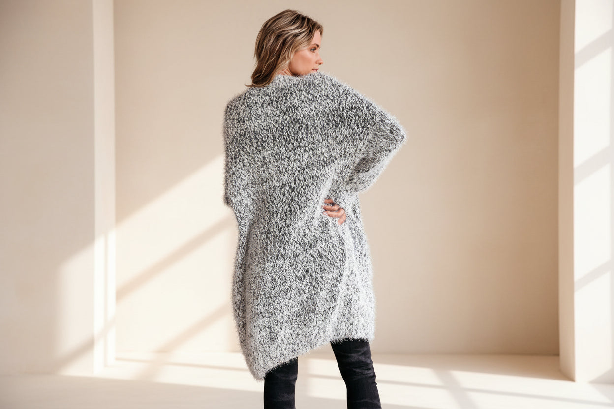 Gray Fuzzy Knit Cardigan with Pockets — Detail View 4