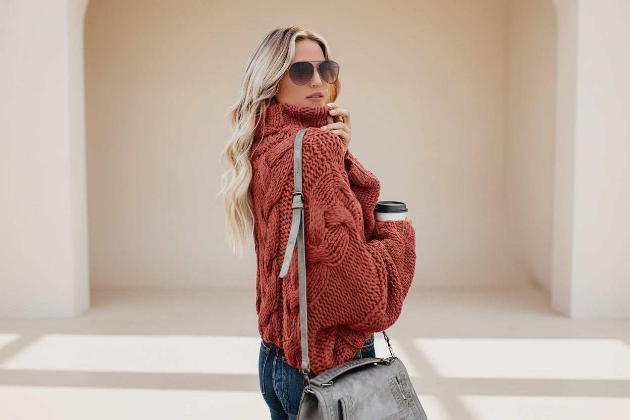 Cable-Knit Handmade Turtleneck Sweater — Detail View 20