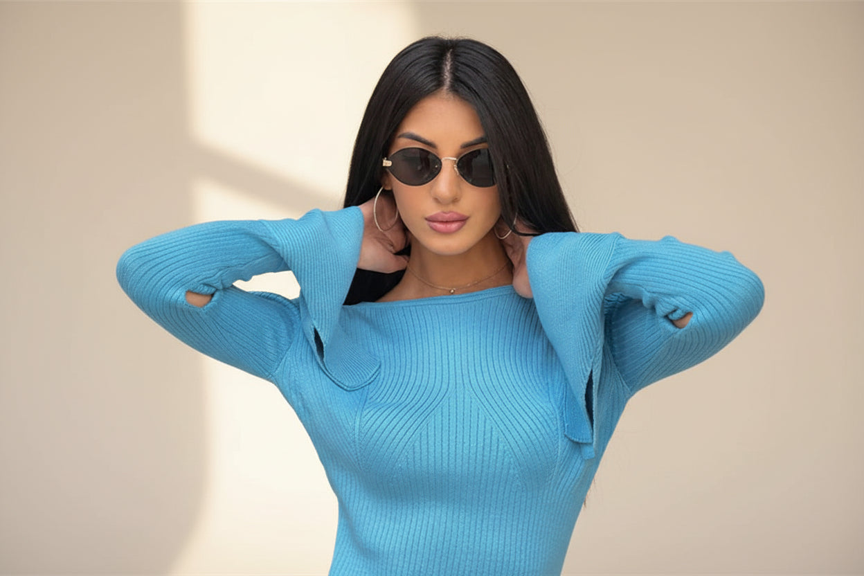 Flare Sleeve Knit Mini Dress — Detail View 3