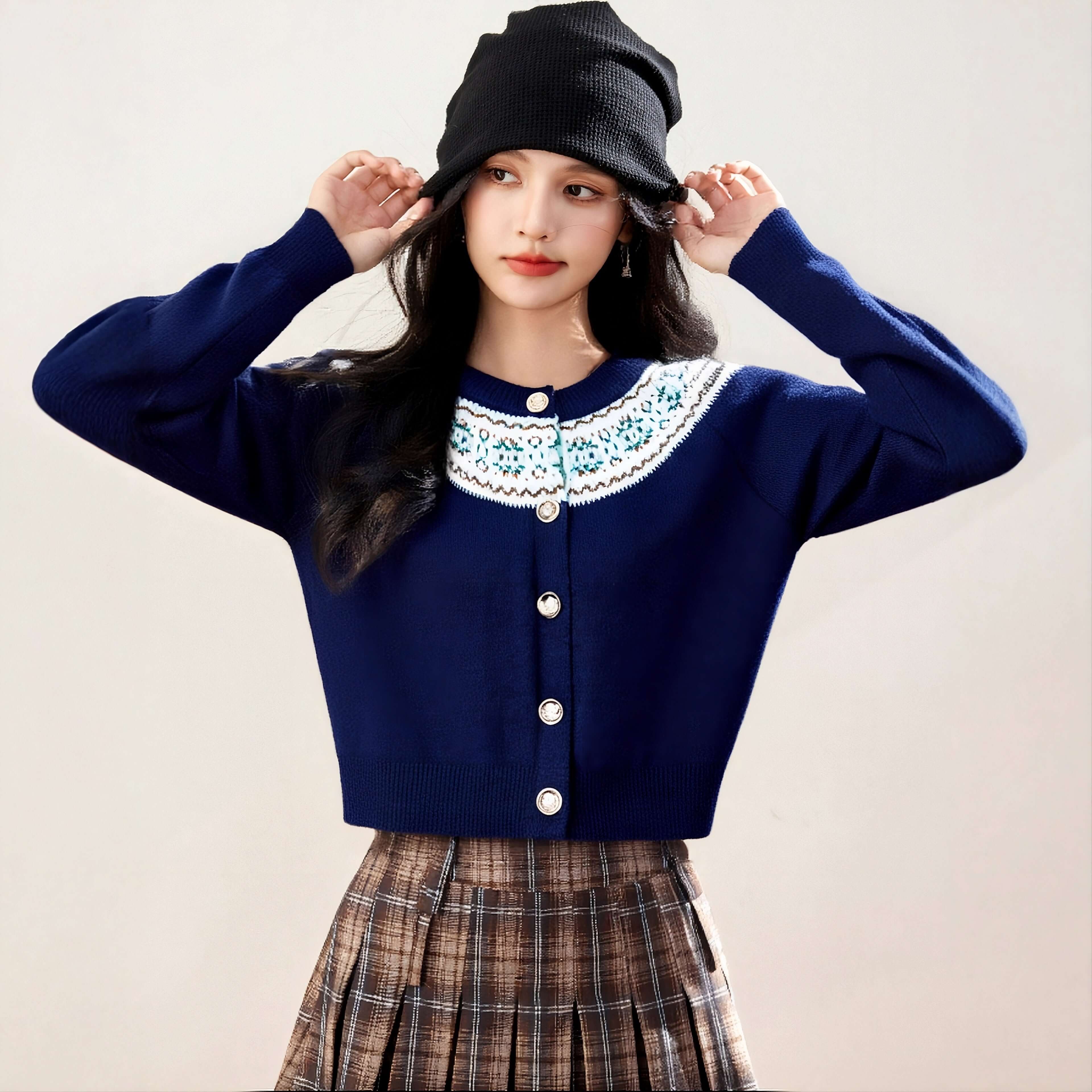 Inès Geometric Knit Cardigan #Color_Navy Blue