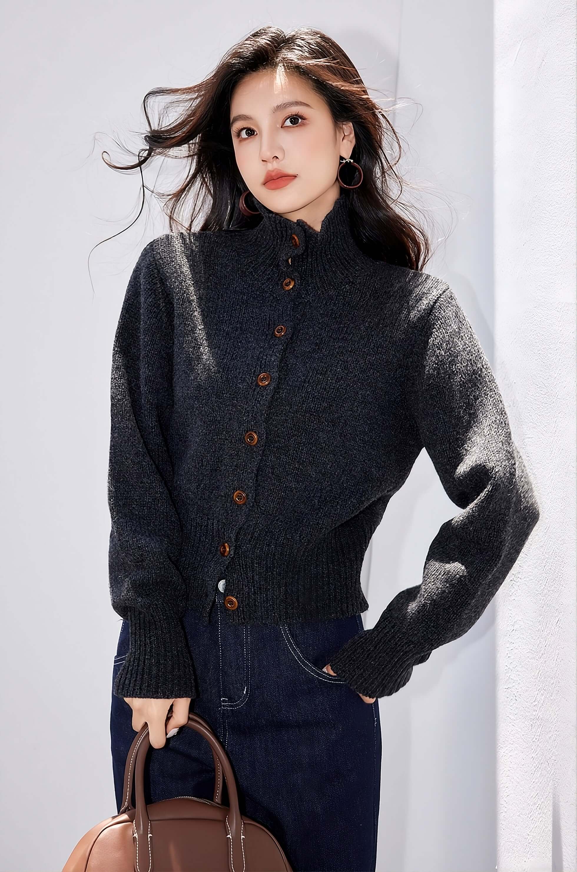 Lisette Striped Stand-Collar Knit Cardigan