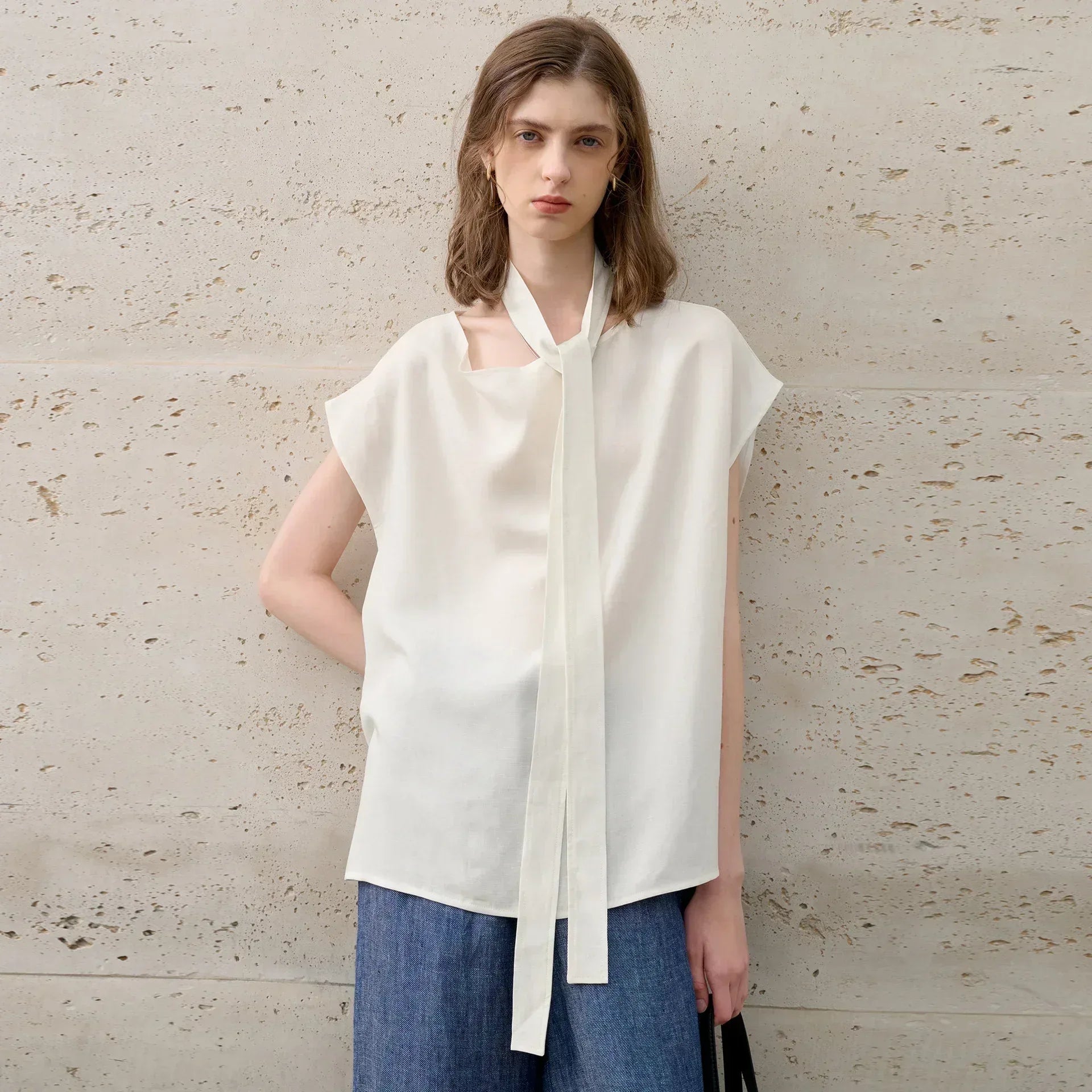 Simone Tencel Swing-Collar Belted Top