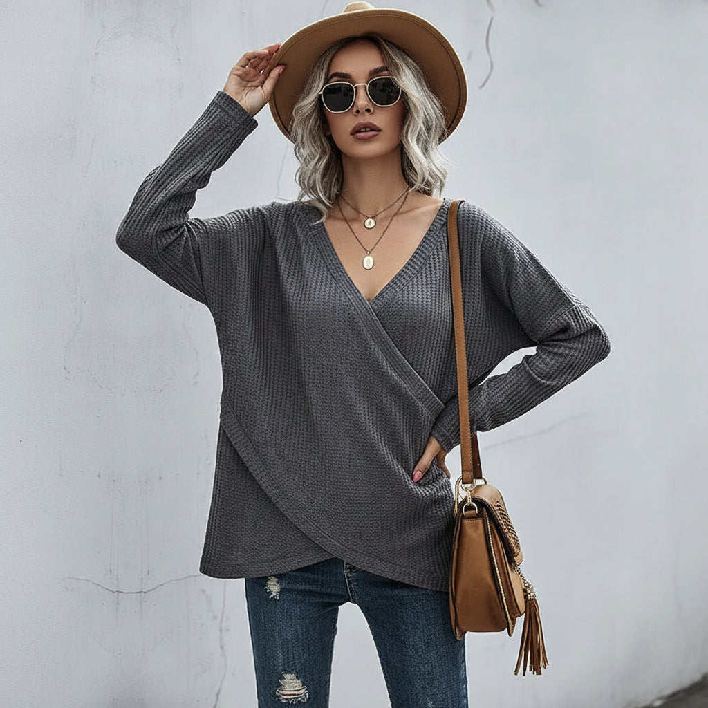 ELNOVÉ Giselle Waffle-Knit Surplice Long Sleeve Top