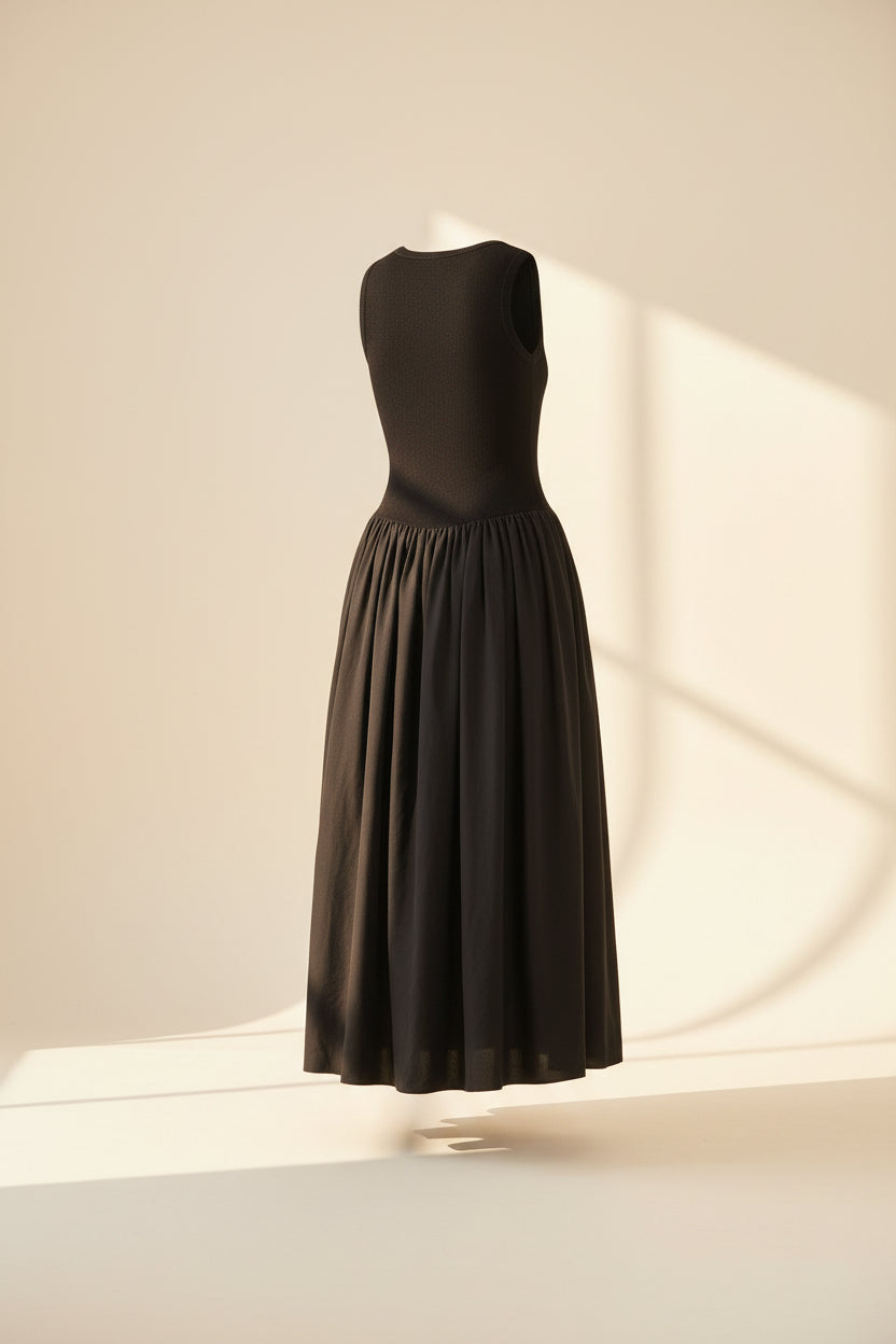 Minimalist Cotton Knit Patchwork Maxi Dress — side view