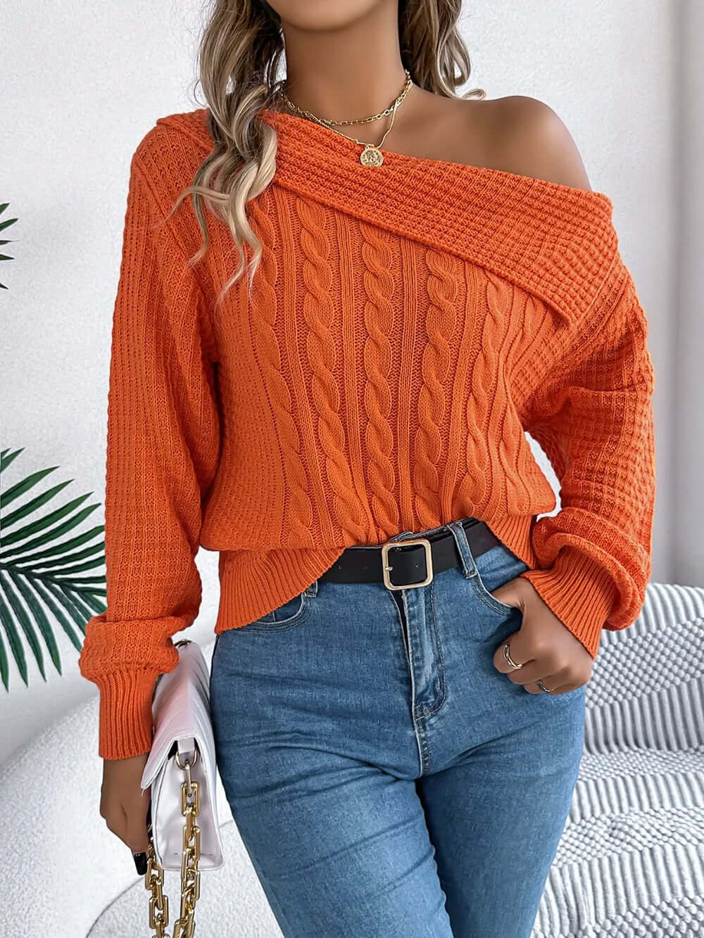 Amélie One-Shoulder Cable-Knit Sweater#Color_Orange