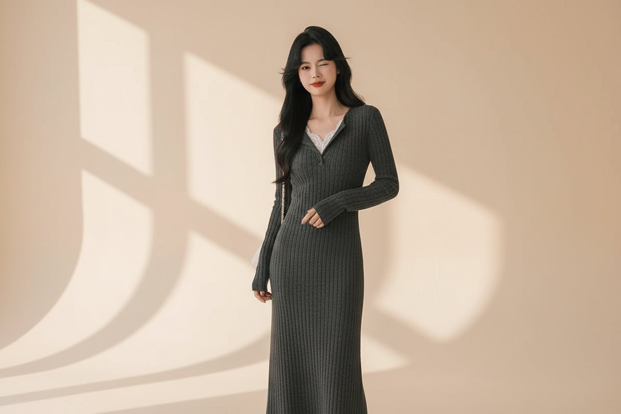 Lace Spliced V-Neck Knit Midi Dress — View 3