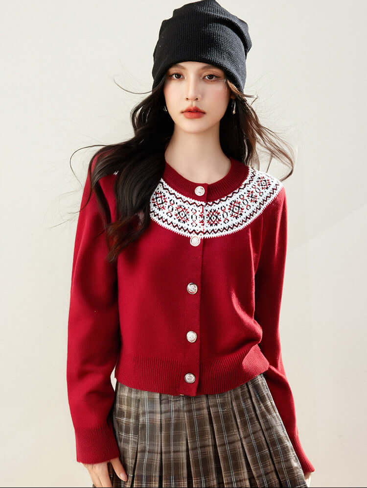 Inès Geometric Knit Cardigan #Color_Red