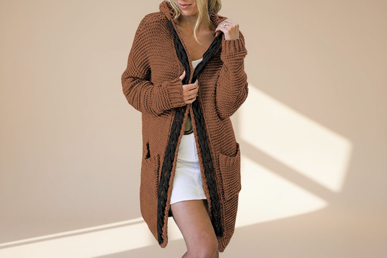 Hooded Cable Knit Colorblock Cardigan — Detail View 5