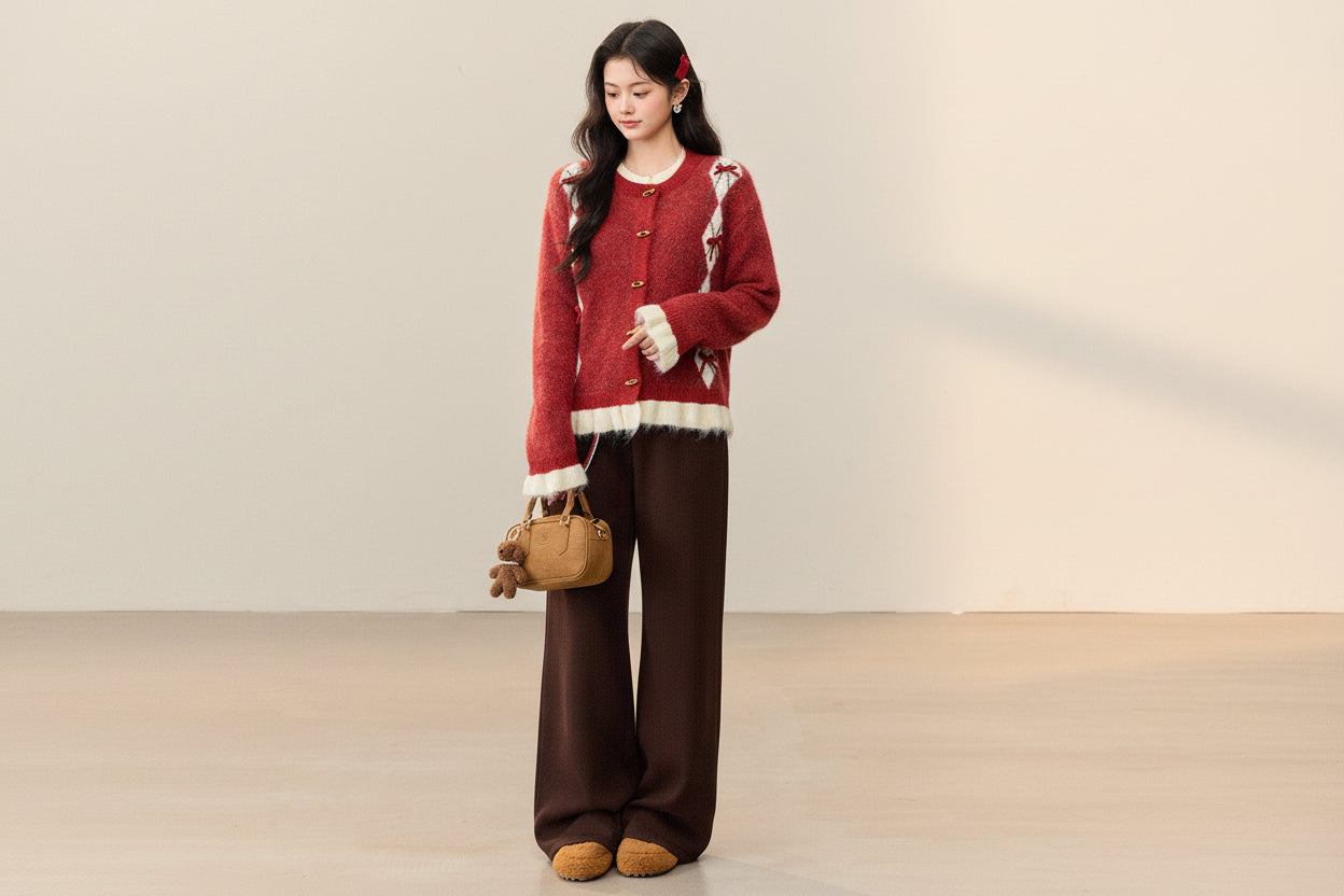 ELNOVÉ Red Bow Knit Cardigan