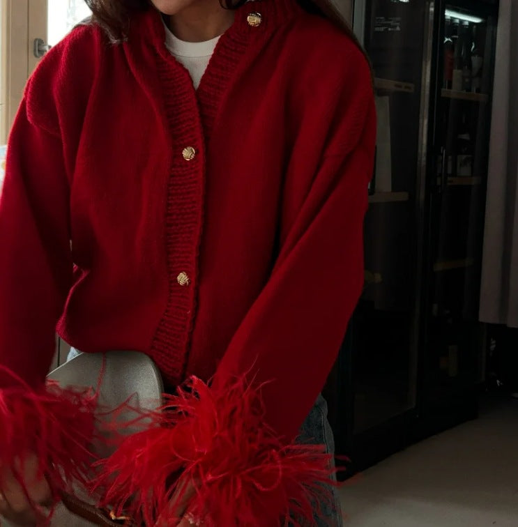 feather-trim knit cardigan
