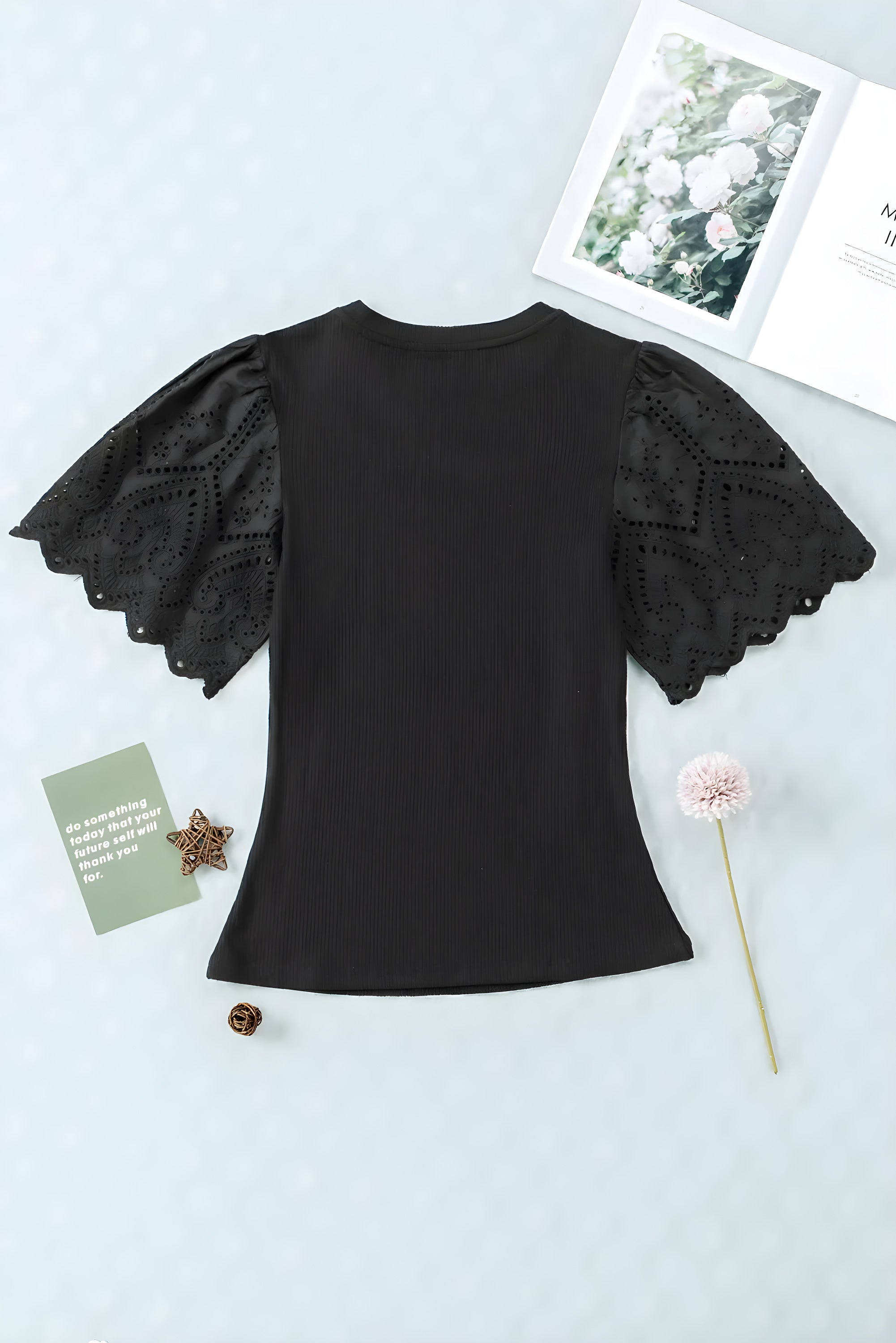 ELNOVÉ Aurélie Scalloped Eyelet Sleeve Ribbed Knit Top