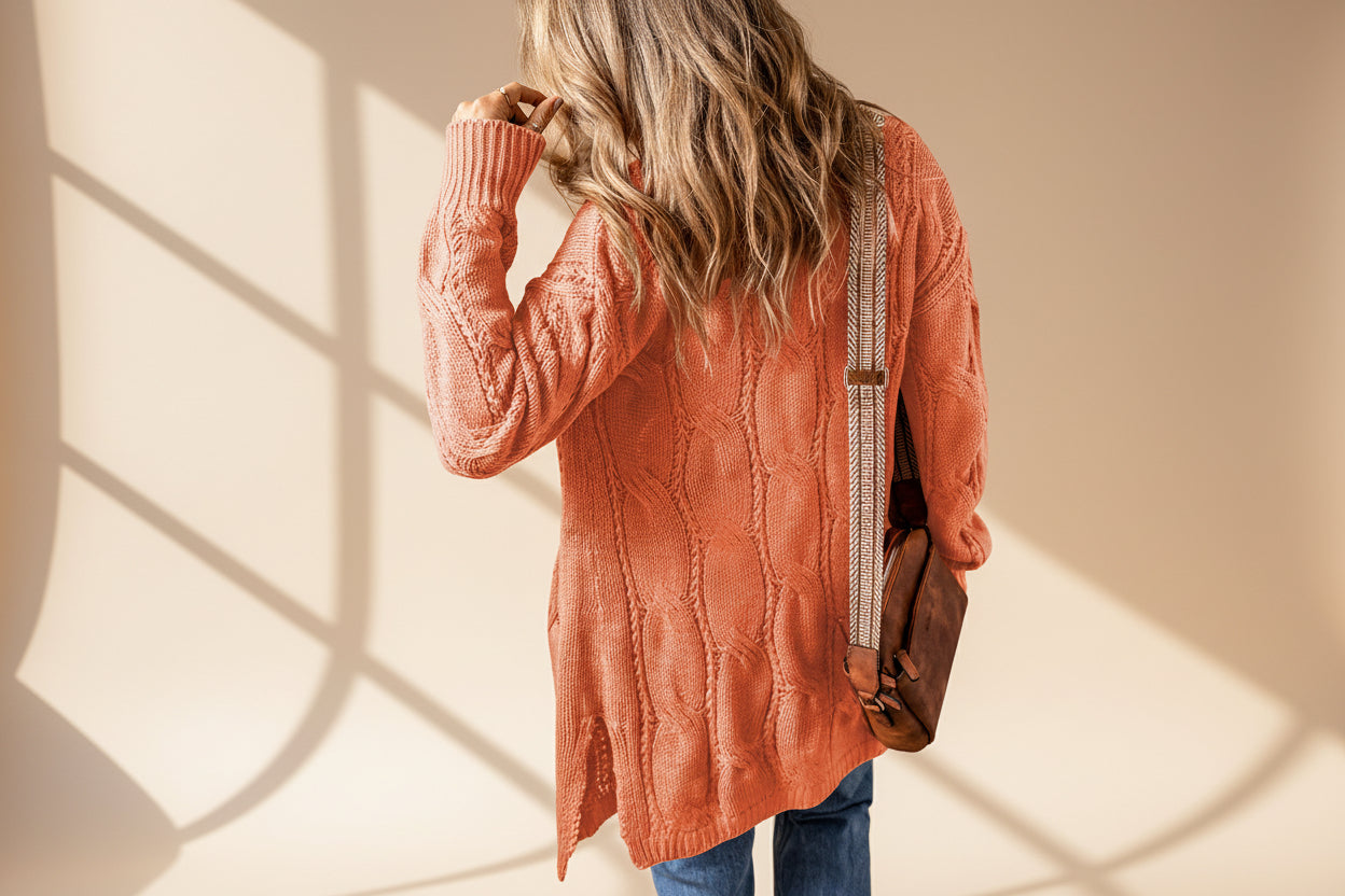 Ribbed Trim Eyelet Cable Knit Cardigan — View 15