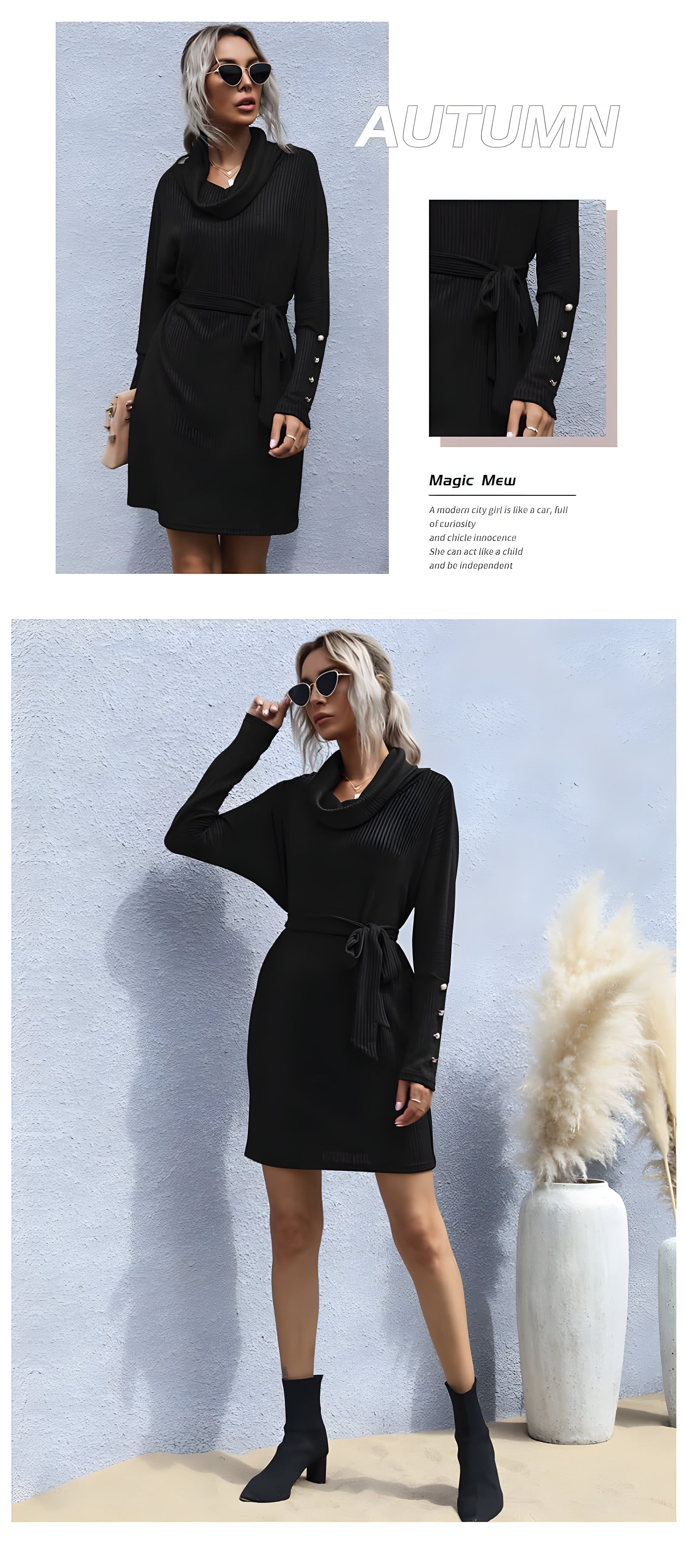 Madeleine Turtleneck Knit Midi Dress#Color_Black