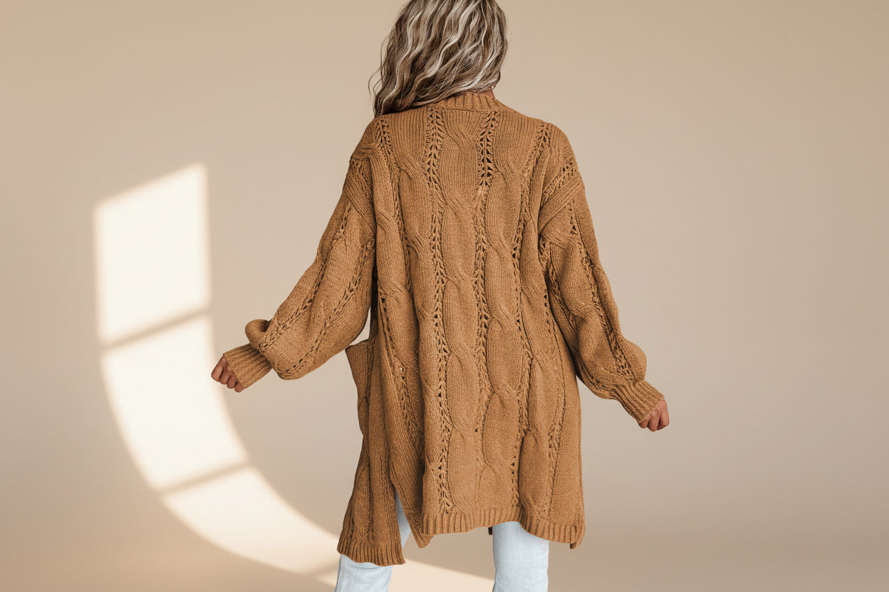 Ribbed Trim Eyelet Cable Knit Cardigan — View 42