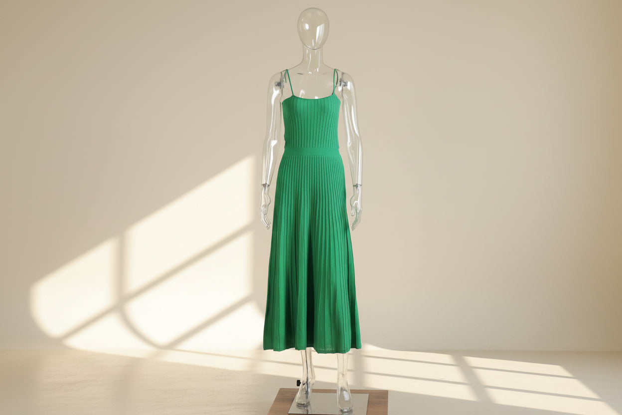 Solid Pleated Knit Slip Dress — styling view