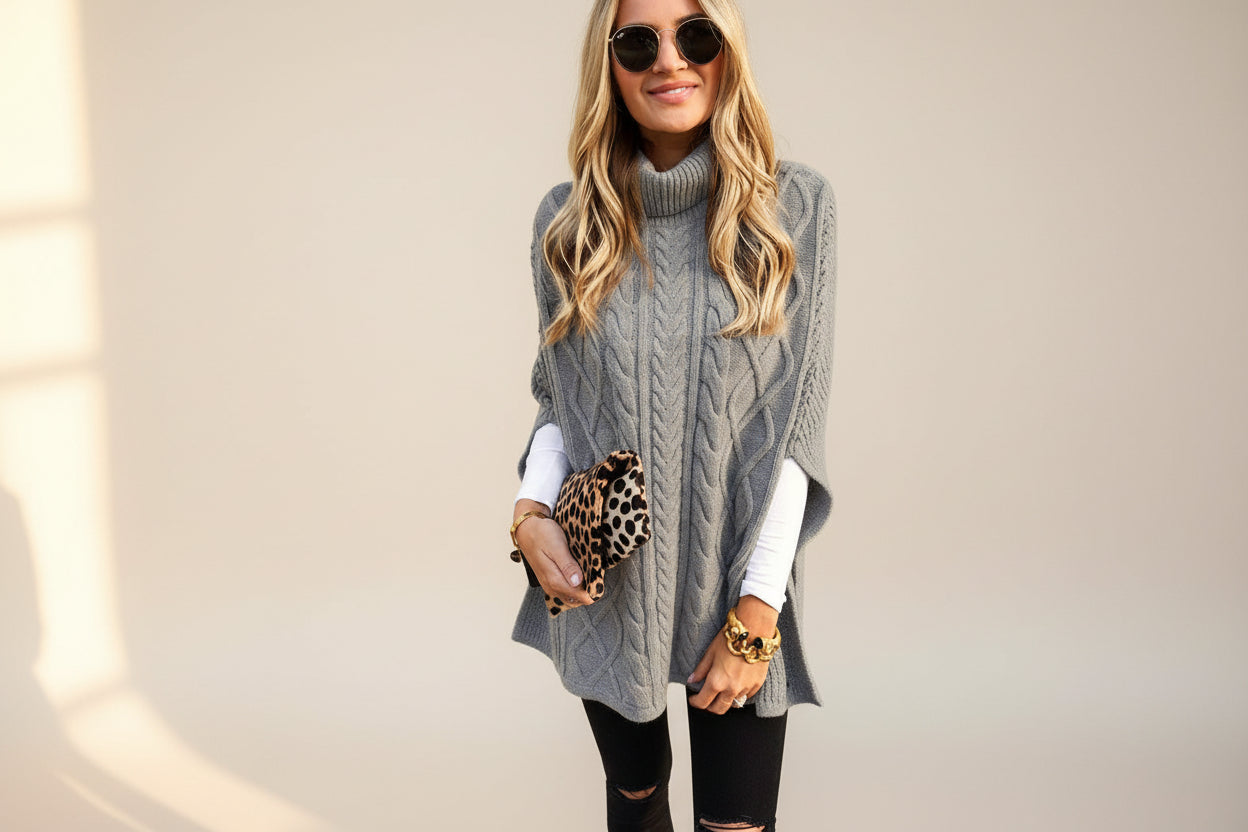 Cable Knit High Neck Poncho — Detail View 4