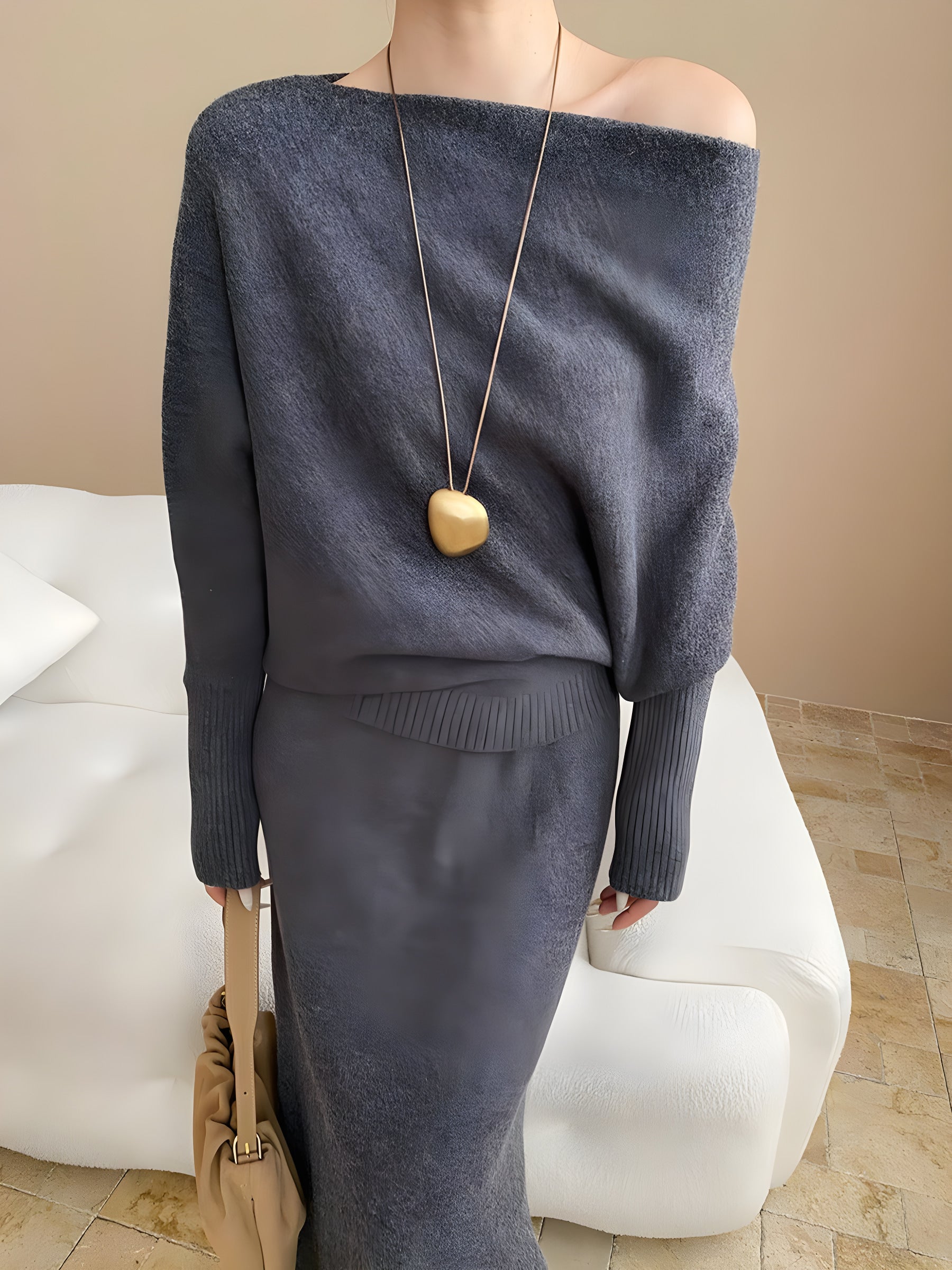 batwing off-shoulder knit two-piece set#Color_Gray