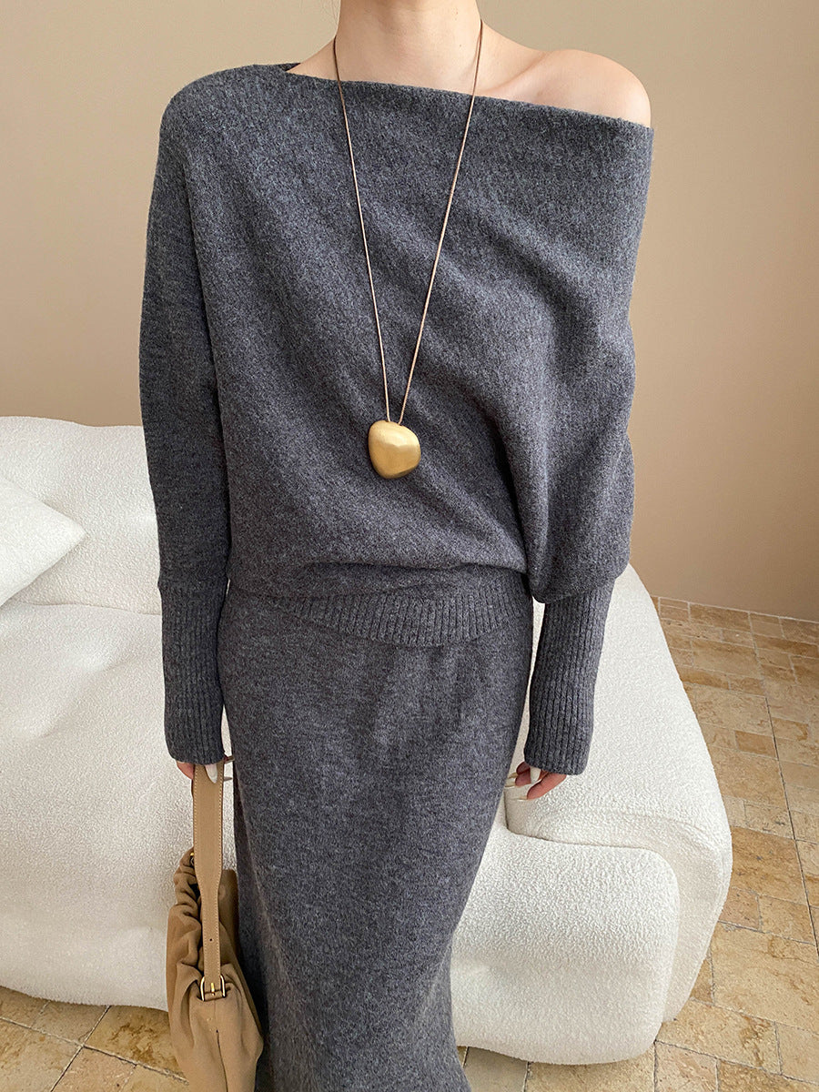 batwing off-shoulder knit two-piece set#Color_Gray