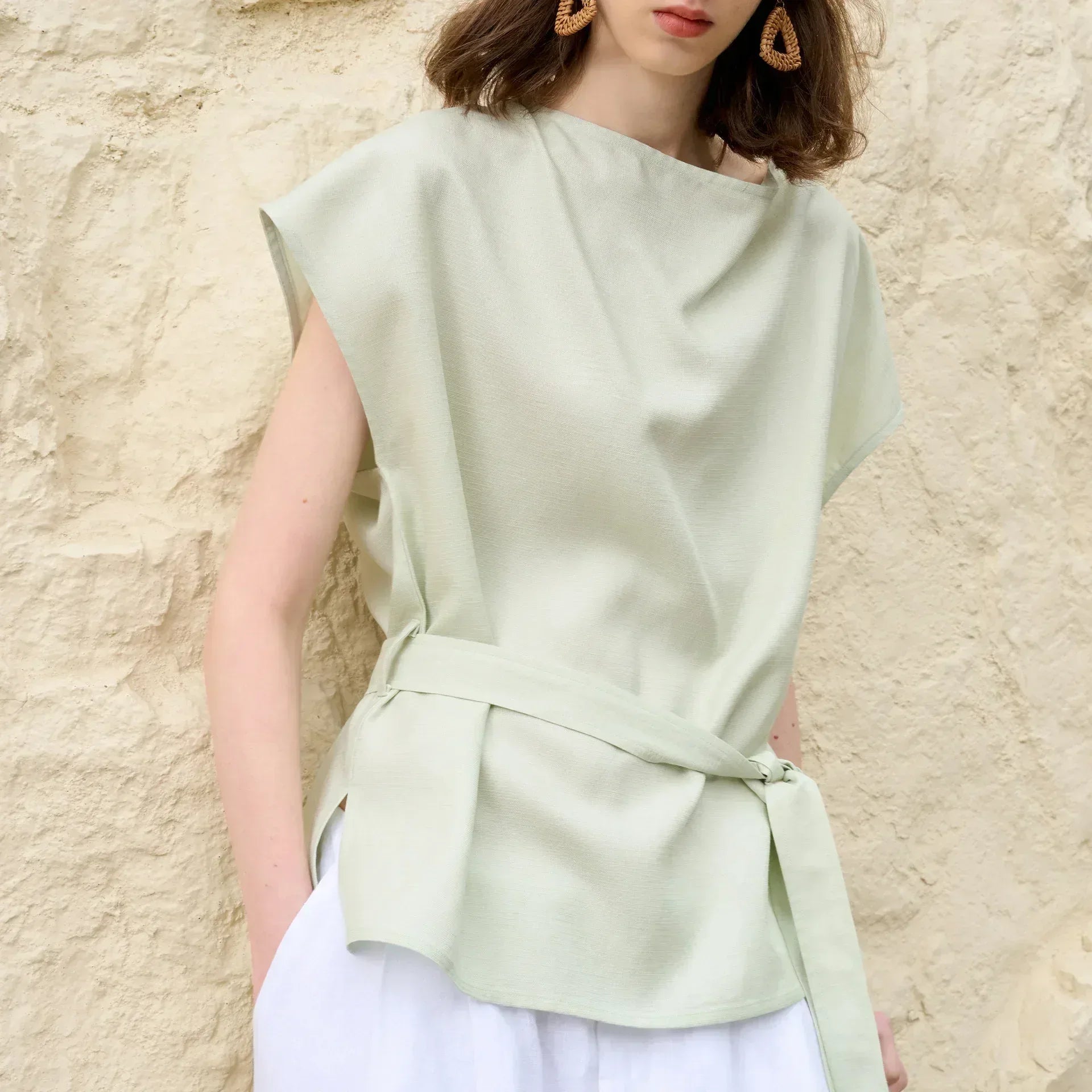 Simone Tencel Swing-Collar Belted Top