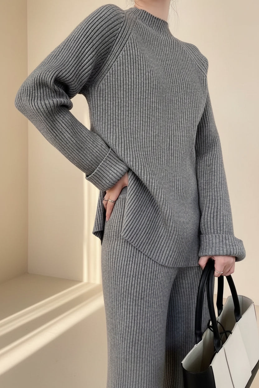 Slit Knit Sweater & Wide Leg Pants Set — Detail View 6
