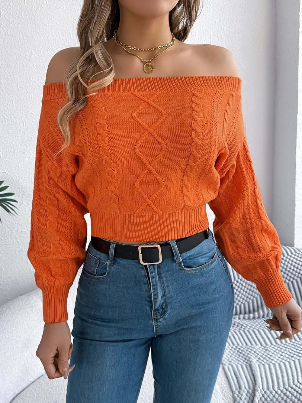 Colette Off-Shoulder Cable-Knit Sweater#Color_Orange