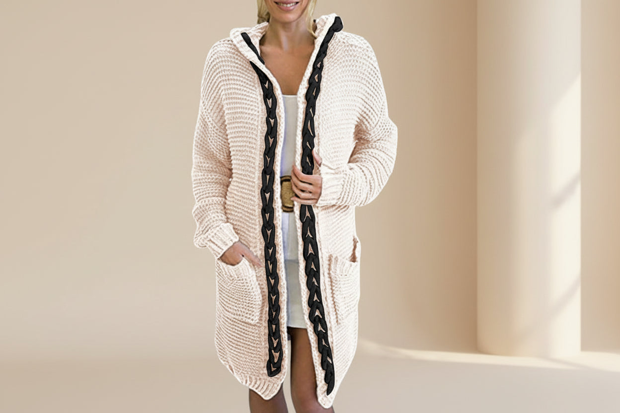 Hooded Cable Knit Colorblock Cardigan — Detail View 3