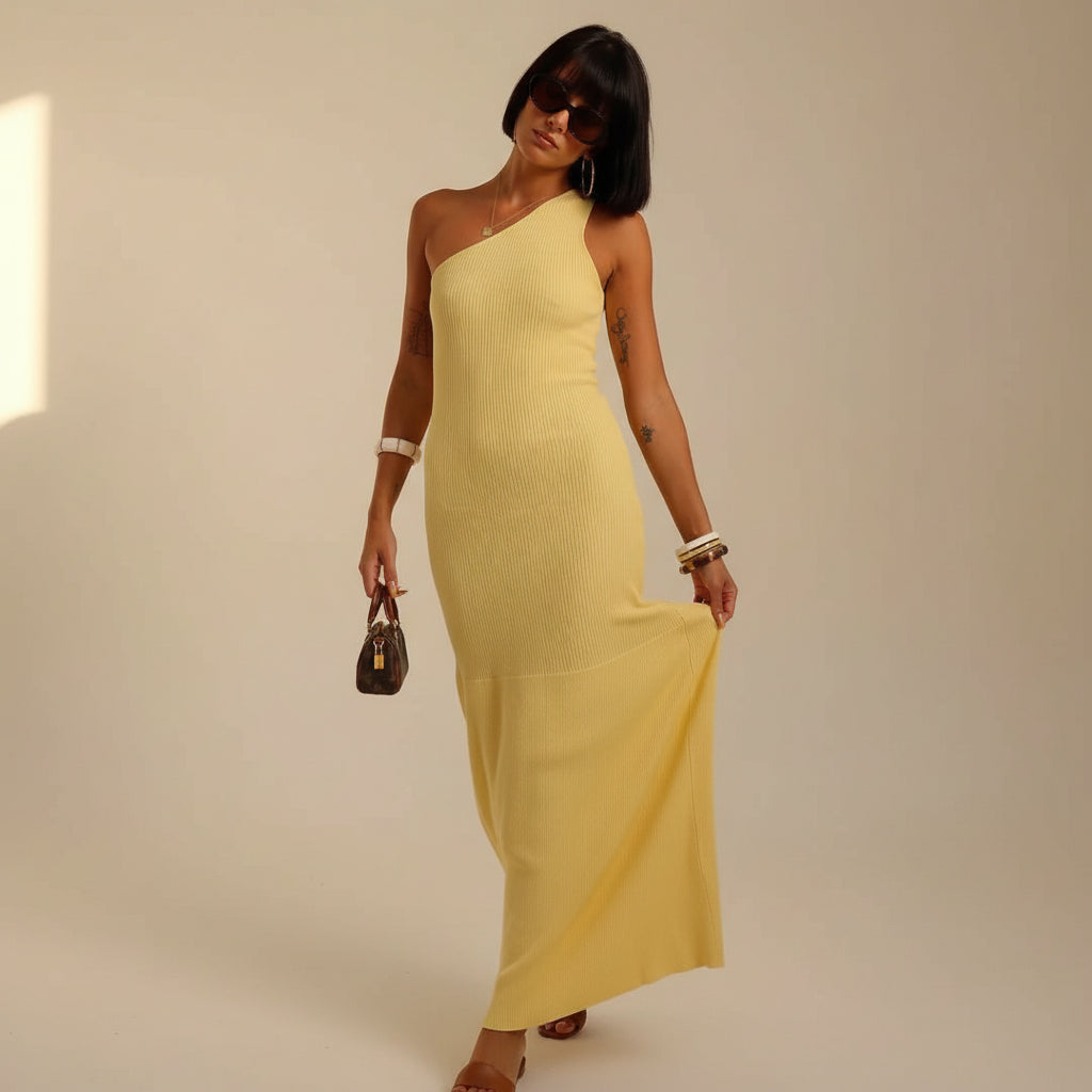 Asymmetric Sleeveless Knit Maxi Dress — Side View