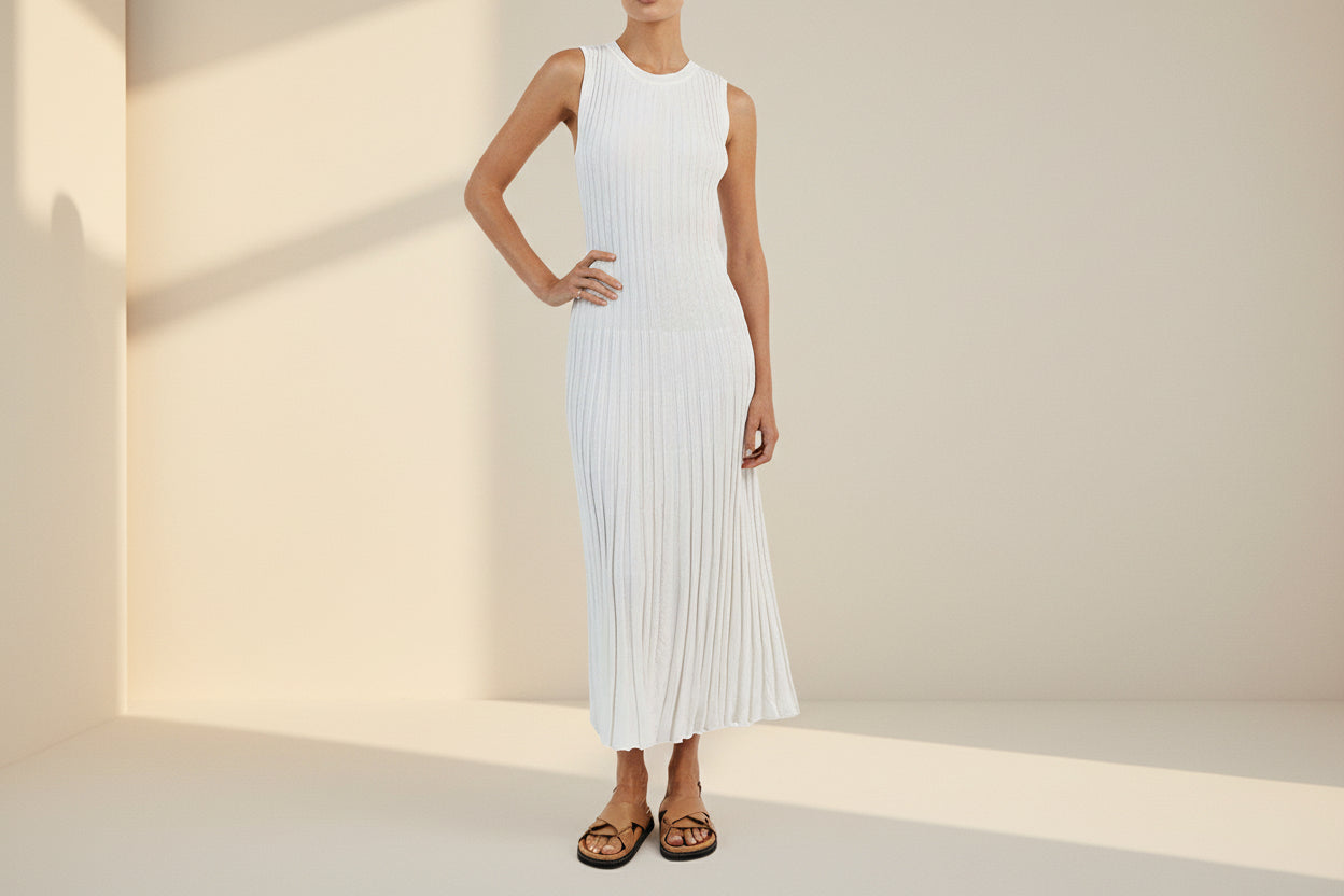 Pleated Ribbed Knit Tank Maxi Dress — lifestyle shot
