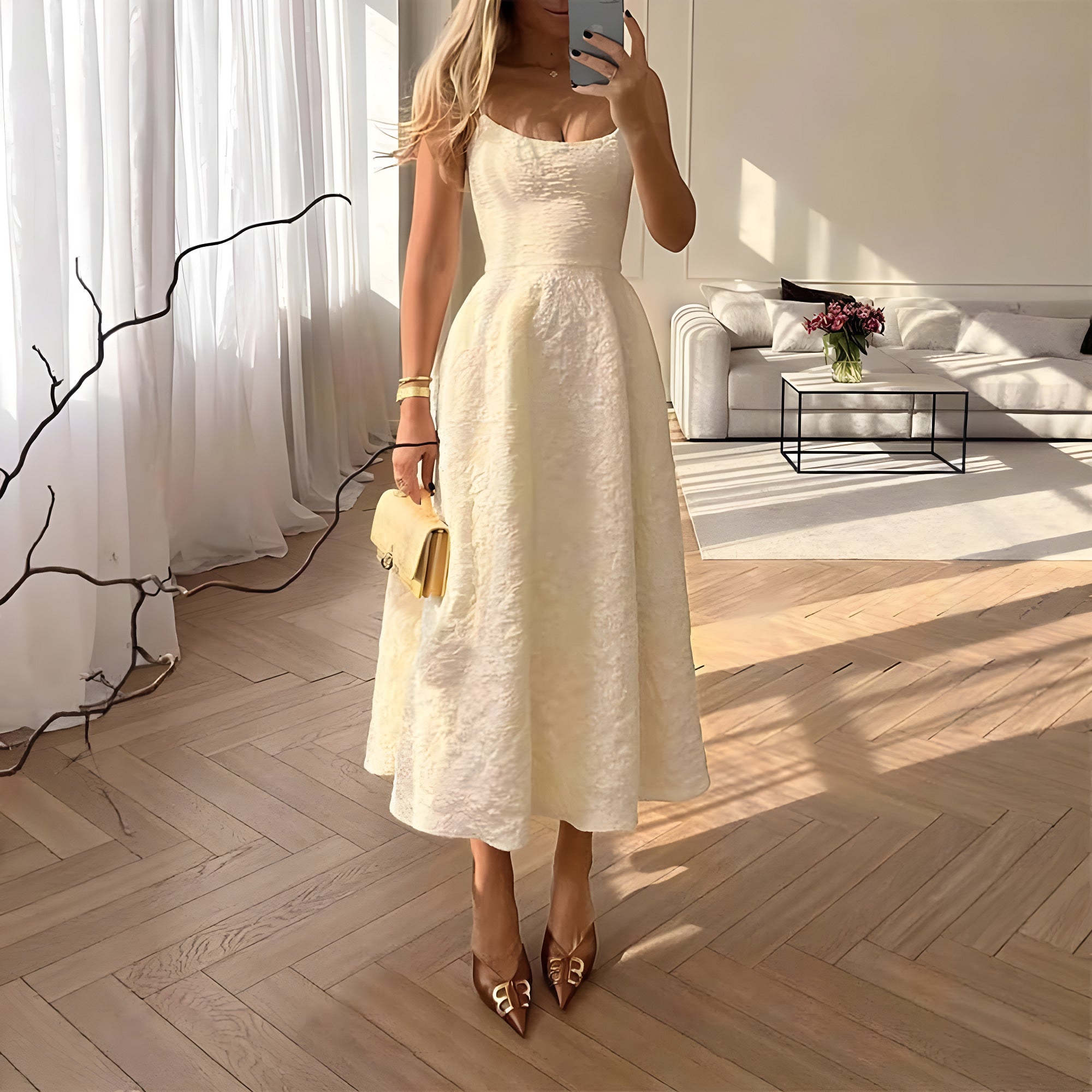 Céleste One-Shoulder Midi Dress#Color_Apricot