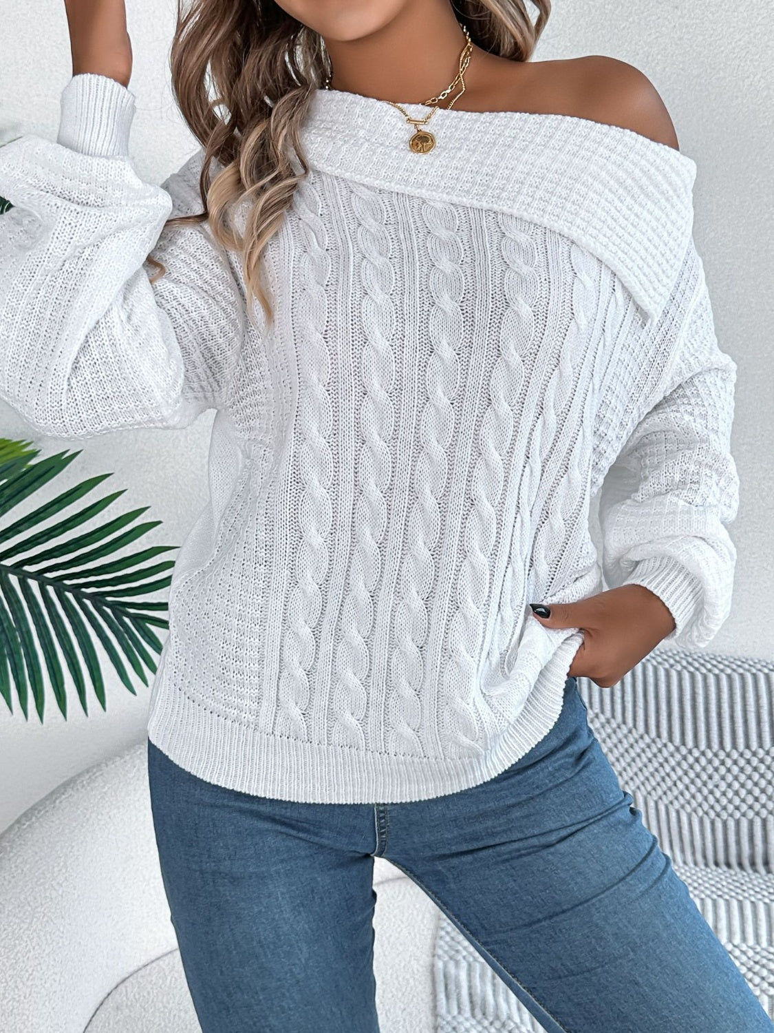ELNOVÉ Amélie One-Shoulder Cable-Knit Sweater #Color_White