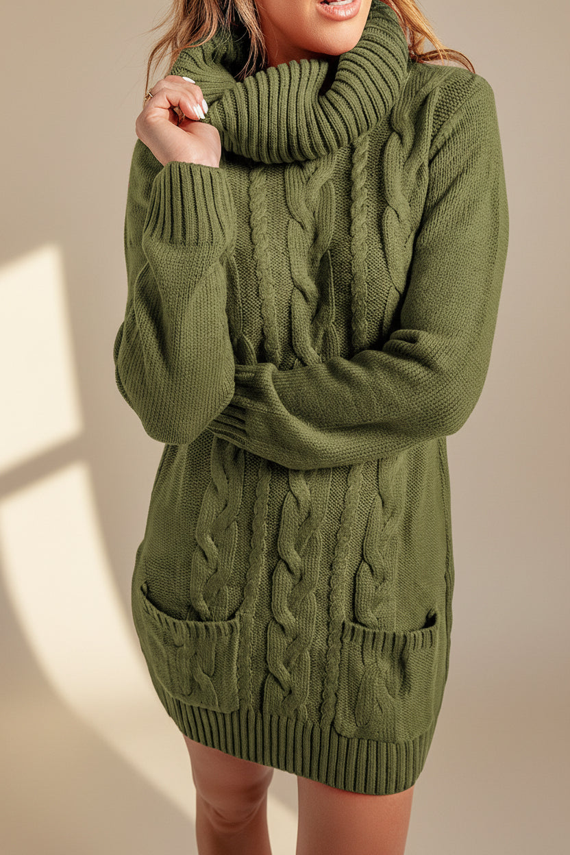 Olive Cowl Neck Cable Knit Sweater Dress — Detail View 2