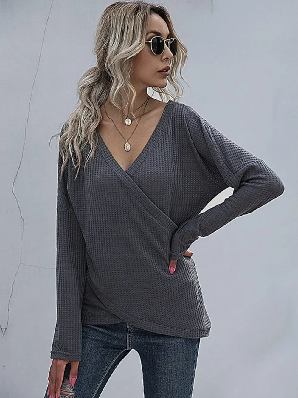 ELNOVÉ Giselle Waffle-Knit Surplice Long Sleeve Top