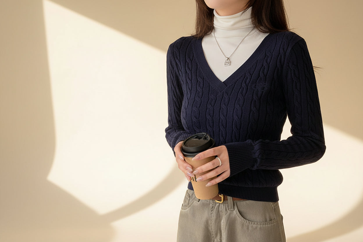 V-Neck Cable Knit Loose Sweater — View 2