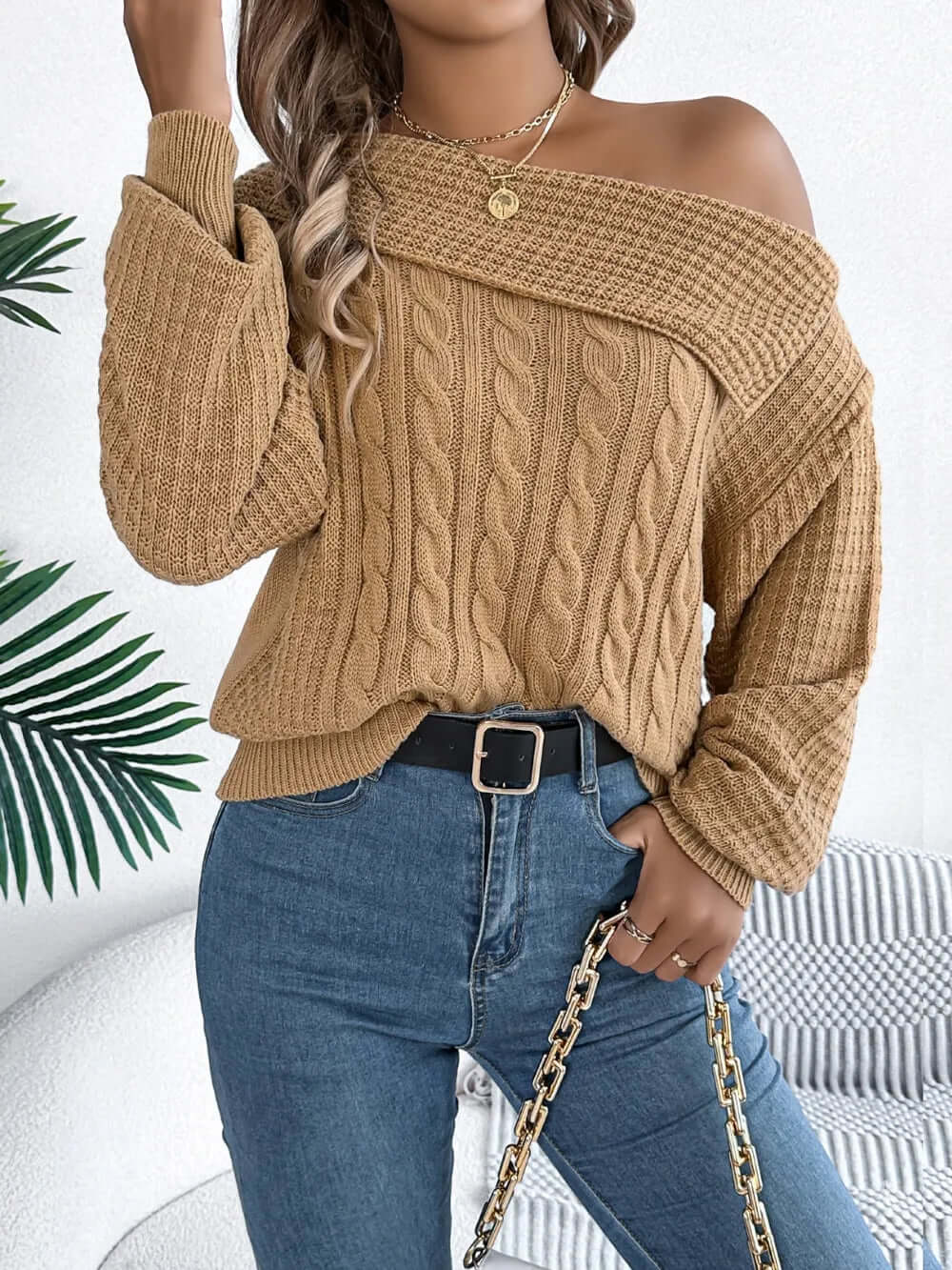 Amélie One-Shoulder Cable-Knit Sweater#Color_Camel