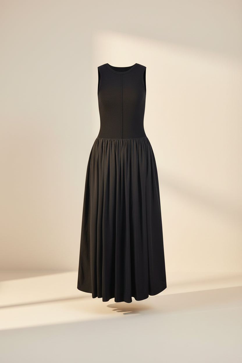 Minimalist Cotton Knit Patchwork Maxi Dress — styling view