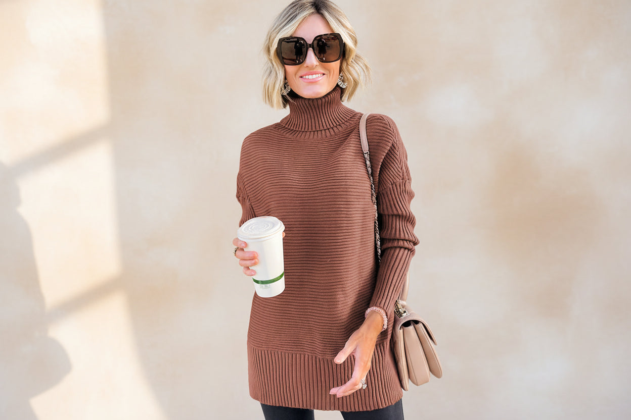 Mineral Red Ribbed Turtleneck Knit Sweater — Detail View 2