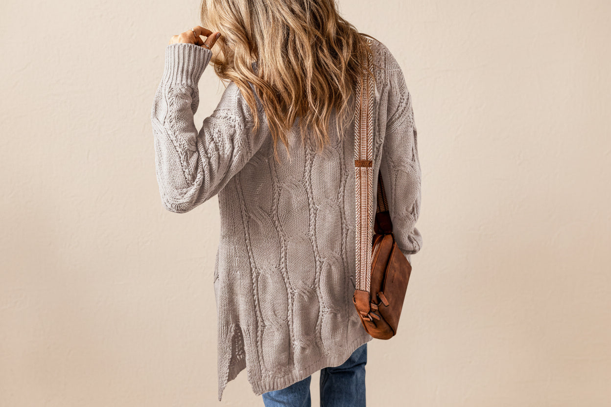 Ribbed Trim Eyelet Cable Knit Cardigan — View 59
