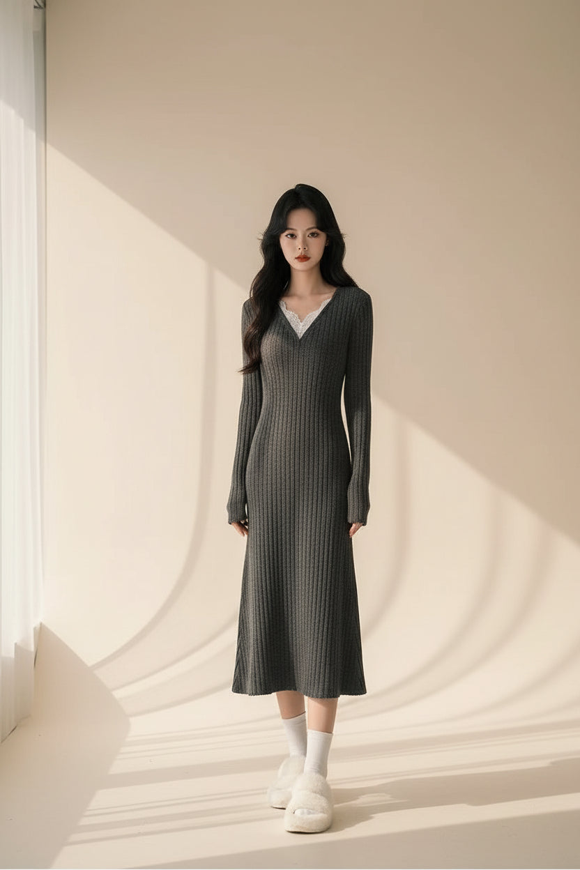 ELNOVÉ Lace Spliced V-Neck Knit Midi Dress