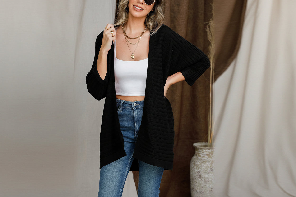 Striped Open Front Knit Cardigan — Detail View 11