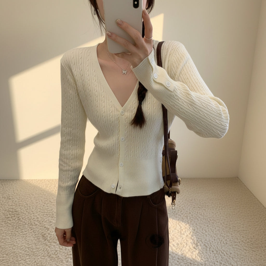 Cable Knit V-Neck Slim Cardigan — Detail View 4