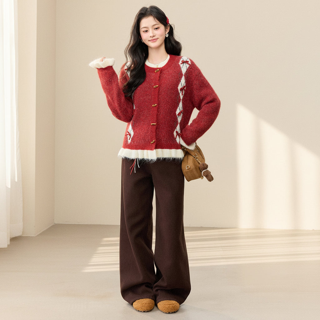 ELNOVÉ Red Bow Knit Cardigan