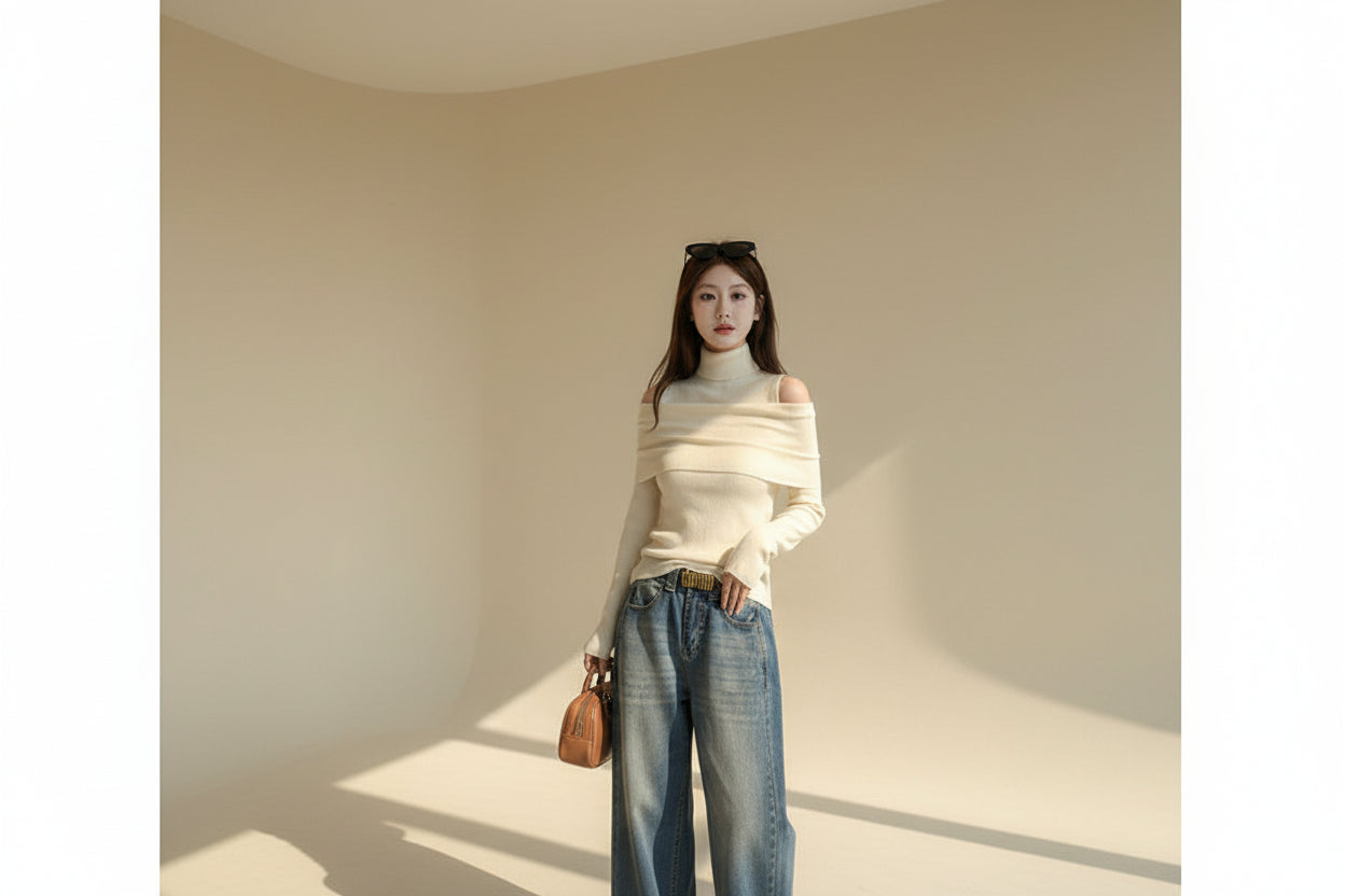 High Neck Solid Knit Sweater — Detail View 2