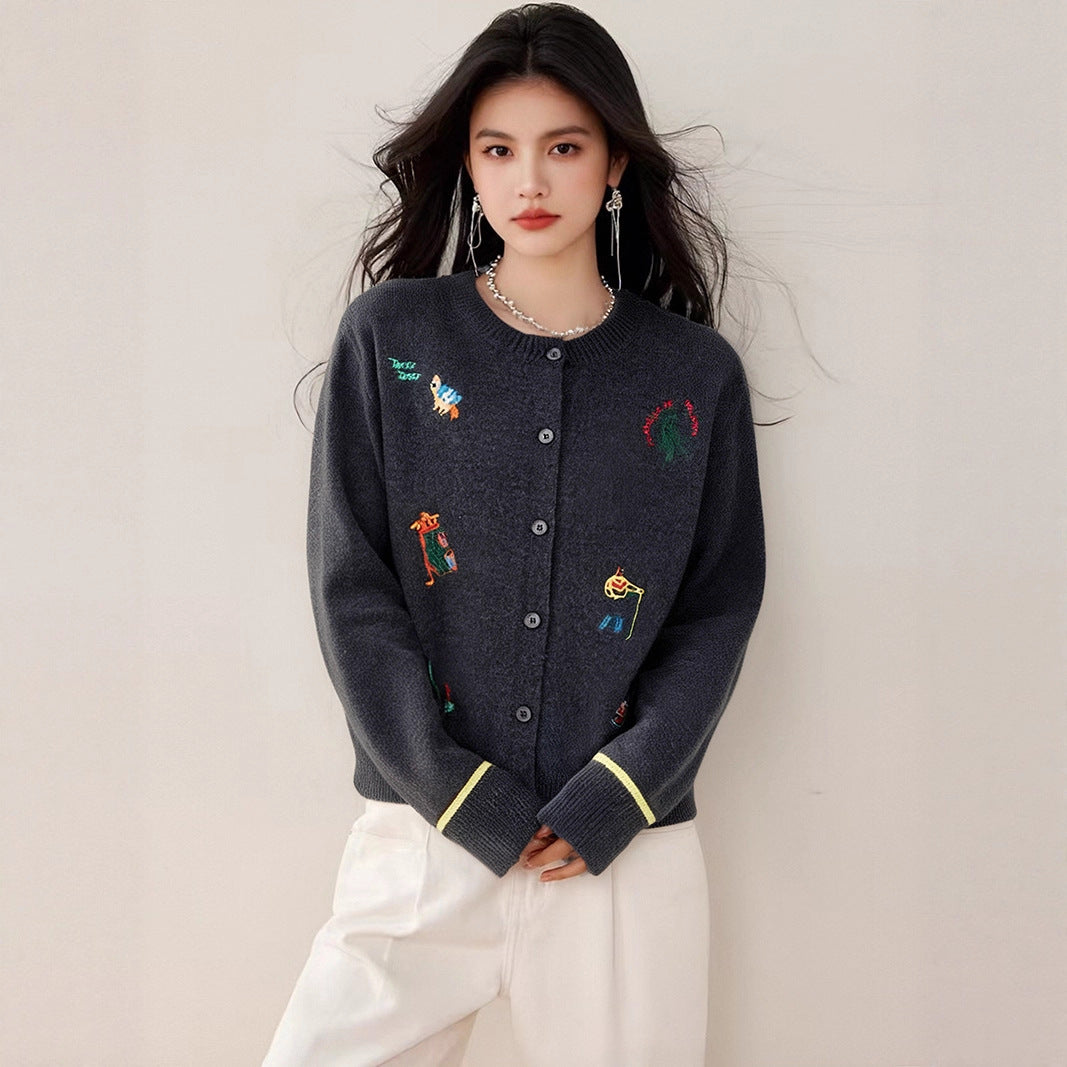 Embroidered Open-Front Knit Cardigan — Detail View 4