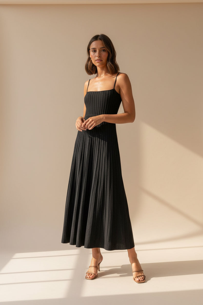 Solid Pleated Knit Slip Dress — styling view